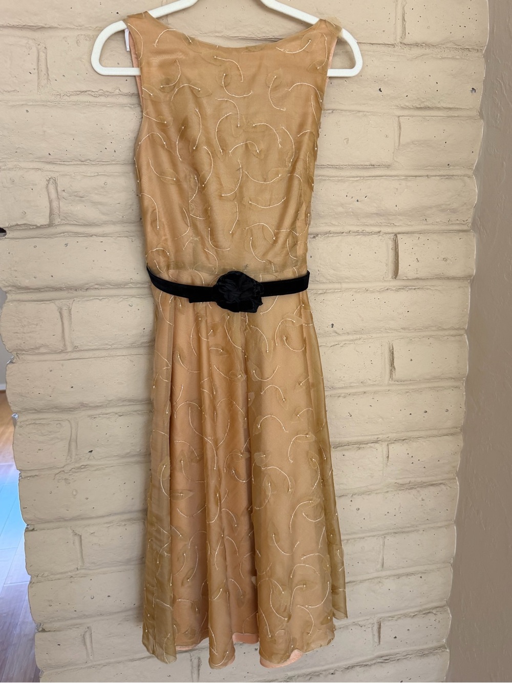 Sara Campbell Champagne Midi Dress with Black Velvet Belt
